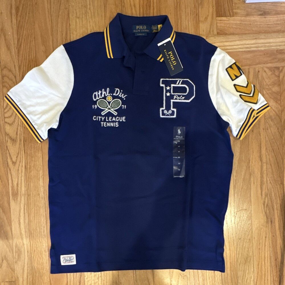 Polo Ralph Lauren Mens Polo Varsity Patch Tennis M Blue White Yellow Colorblock